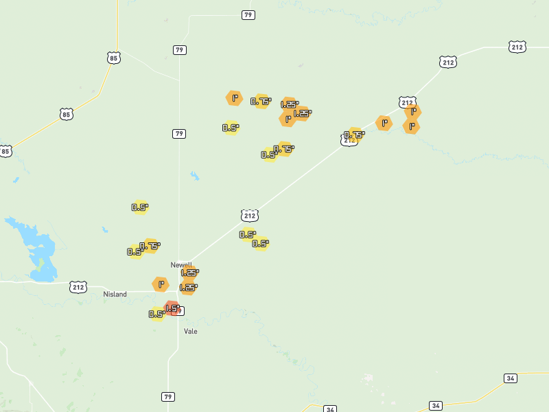 Hail map of Newell, SD on Jul 3, 2026, hail up to 1.5"