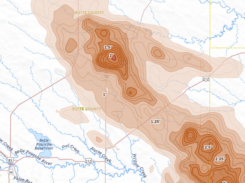 Radar-estimated hail-size map of the storm over Newell, SD on Aug 11, 2026