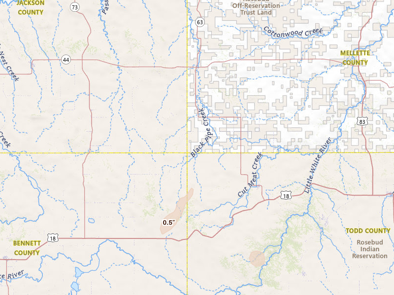 Radar-estimated hail-size map of the storm over Norris, SD on Apr 22, 2026