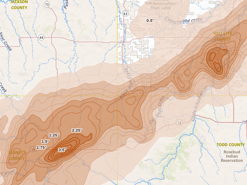 Radar-estimated hail-size map of the storm over Norris, SD on Jun 28, 2026