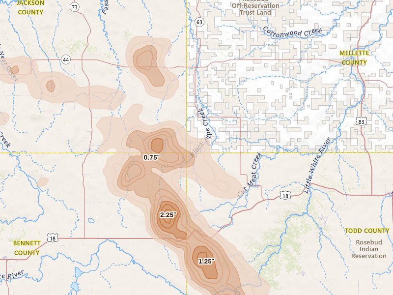 Radar-estimated hail-size map of the storm over Norris, SD on Jul 9, 2026