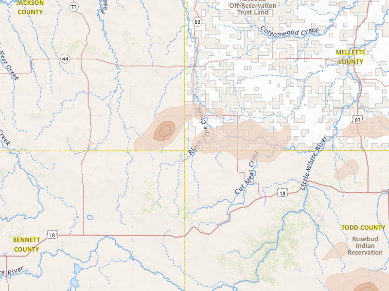 Radar-estimated hail-size map of the storm over Norris, SD on Jul 30, 2026