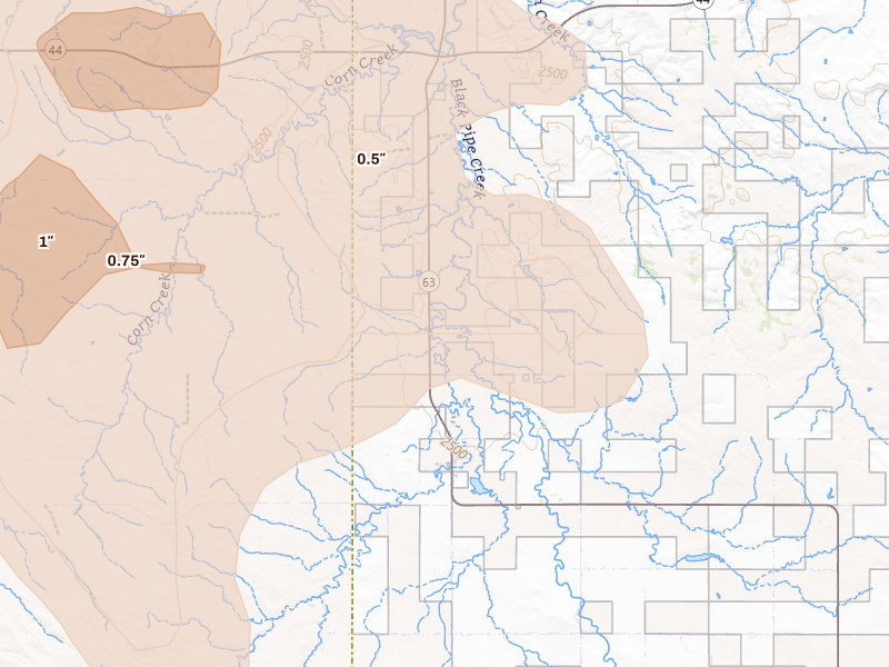 Radar-estimated hail-size map of the storm over Norris, SD on Aug 27, 2026