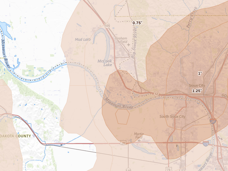 Radar-estimated hail-size map of the storm over North Sioux City, SD on May 17, 2026