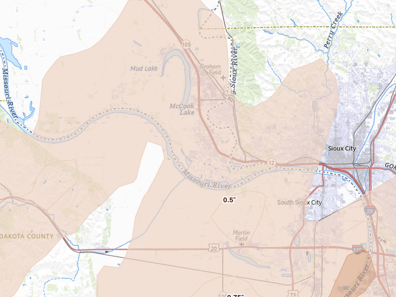 Radar-estimated hail-size map of the storm over North Sioux City, SD on Jun 29, 2026