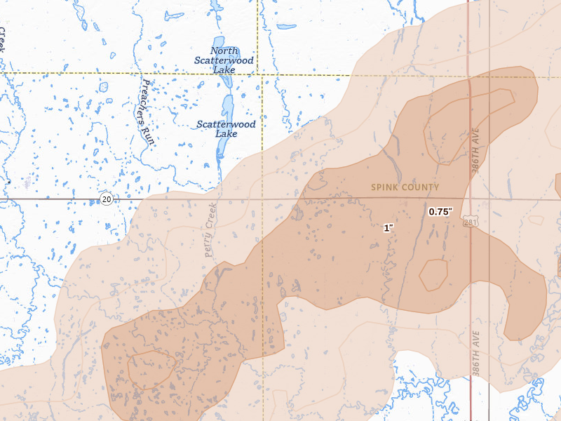Radar-estimated hail-size map of the storm over Northville, SD on Jun 29, 2026