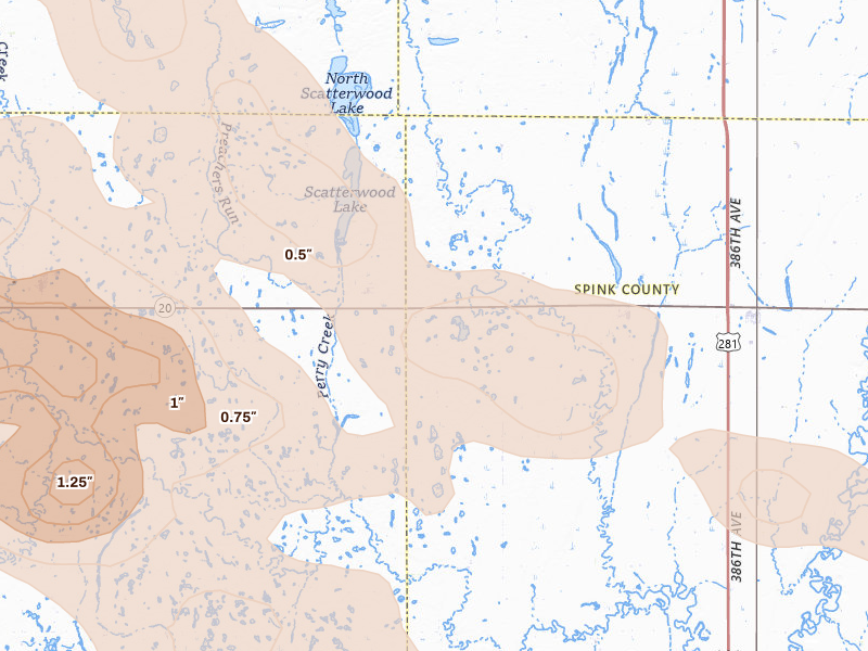 Radar-estimated hail-size map of the storm over Northville, SD on Aug 8, 2026
