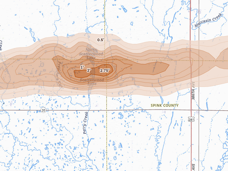 Radar-estimated hail-size map of the storm over Northville, SD on Aug 29, 2026