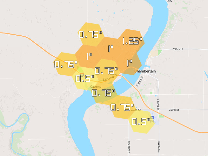 Hail map of Oacoma, SD on Jun 4, 2026, hail up to 1.25"