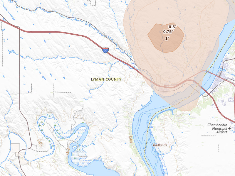 Radar-estimated hail-size map of the storm over Oacoma, SD on Jul 4, 2026