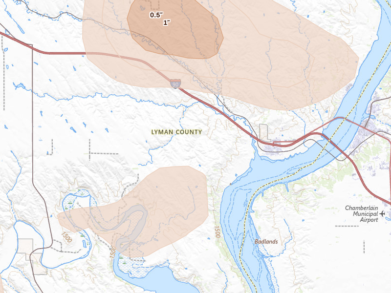 Radar-estimated hail-size map of the storm over Oacoma, SD on Jul 6, 2026
