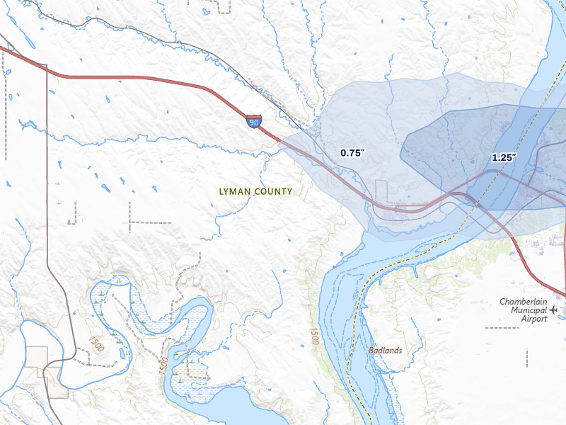 NEXRAD radar-signature map of the hail storm over Oacoma, SD on Jul 25, 2026