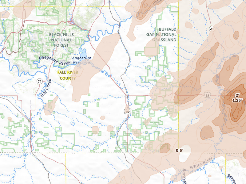 Radar-estimated hail-size map of the storm over Oelrichs, SD on Jun 2, 2026