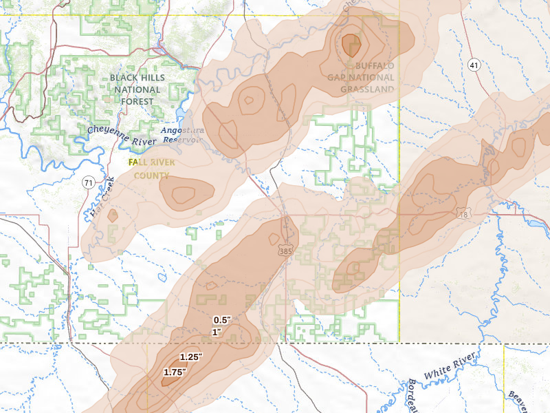 Radar-estimated hail-size map of the storm over Oelrichs, SD on Jun 27, 2026