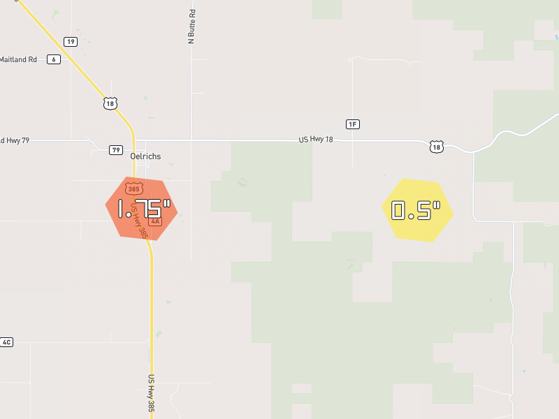 Hail map of Oelrichs, SD on Jun 27, 2026, hail up to 1.75"
