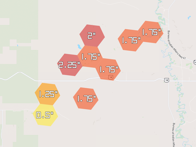Hail map of Oelrichs, SD on Jun 28, 2026, hail up to 2.25"
