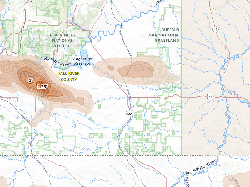 Radar-estimated hail-size map of the storm over Oelrichs, SD on Jul 7, 2026