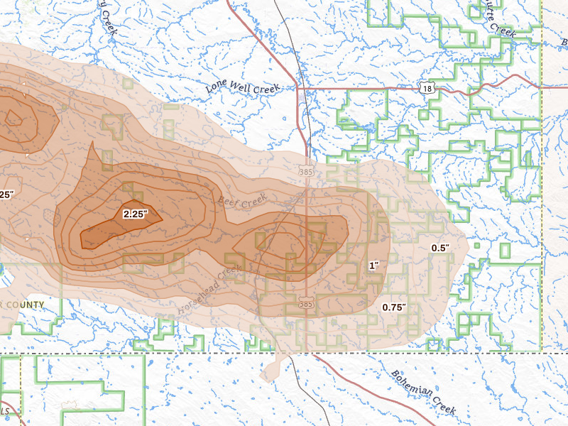 Radar-estimated hail-size map of the storm over Oelrichs, SD on Aug 12, 2026