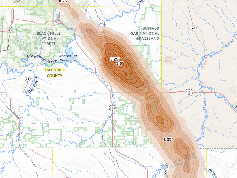 Radar-estimated hail-size map of the storm over Oelrichs, SD on Aug 21, 2026
