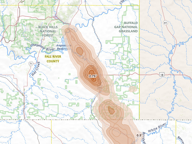Radar-estimated hail-size map of the storm over Oelrichs, SD on Aug 27, 2026
