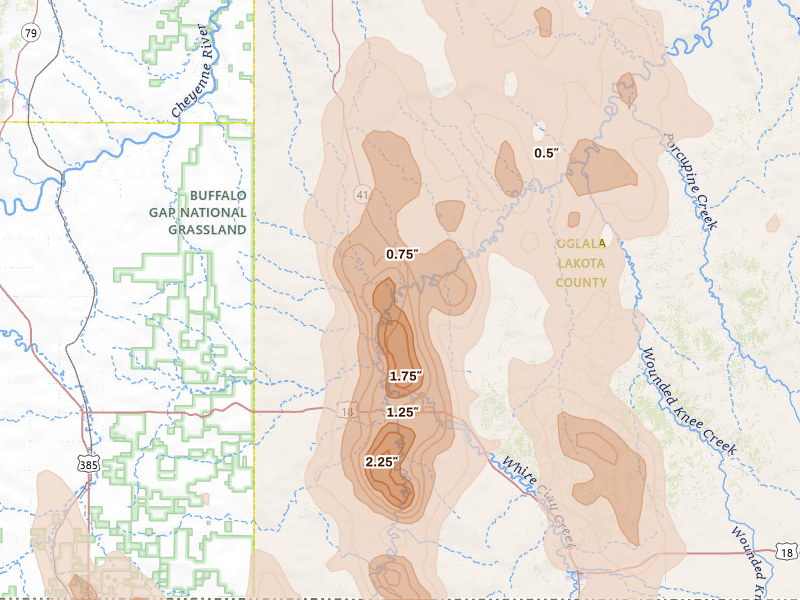 Radar-estimated hail-size map of the storm over Oglala, SD on May 30, 2026