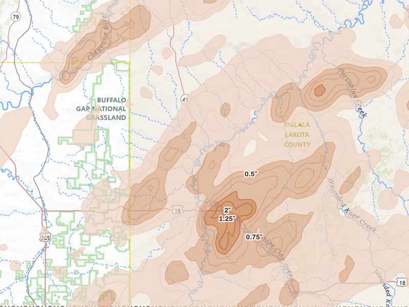 Radar-estimated hail-size map of the storm over Oglala, SD on Jun 2, 2026
