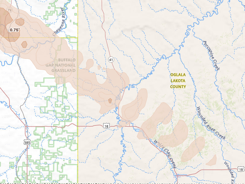 Radar-estimated hail-size map of the storm over Oglala, SD on Jun 22, 2026