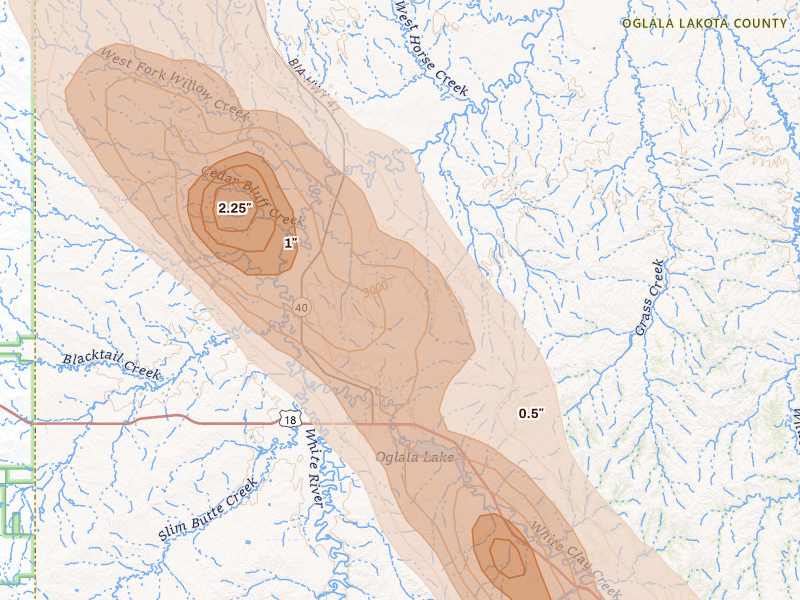 Radar-estimated hail-size map of the storm over Oglala, SD on Aug 11, 2026