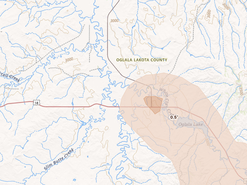 Radar-estimated hail-size map of the storm over Oglala, SD on Aug 16, 2026