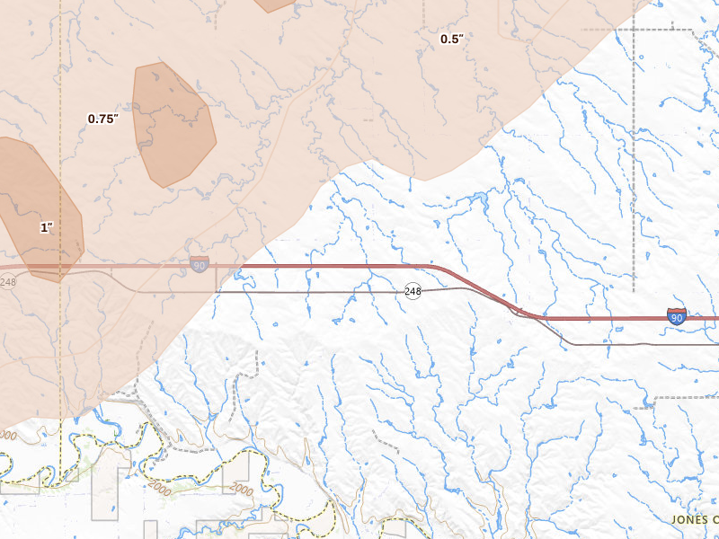 Radar-estimated hail-size map of the storm over Okaton, SD on Apr 22, 2026