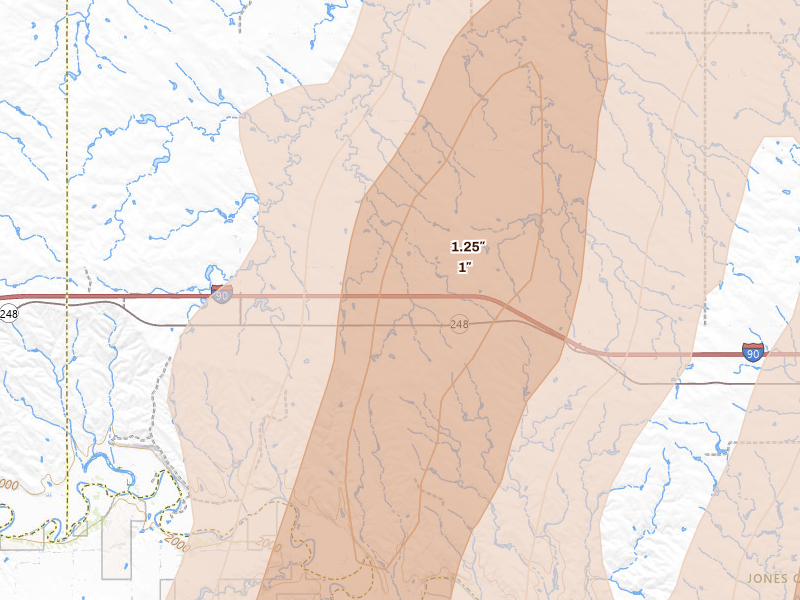 Radar-estimated hail-size map of the storm over Okaton, SD on Jun 28, 2026