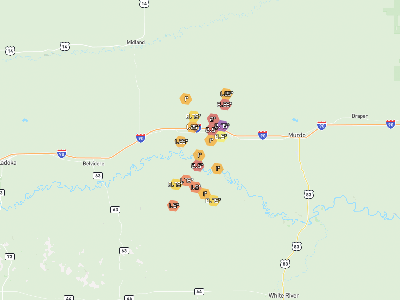 Hail map of Okaton, SD on Jun 29, 2026, hail up to 2.75"