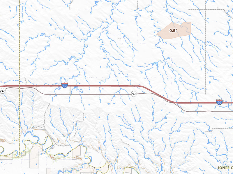 Radar-estimated hail-size map of the storm over Okaton, SD on Jul 4, 2026