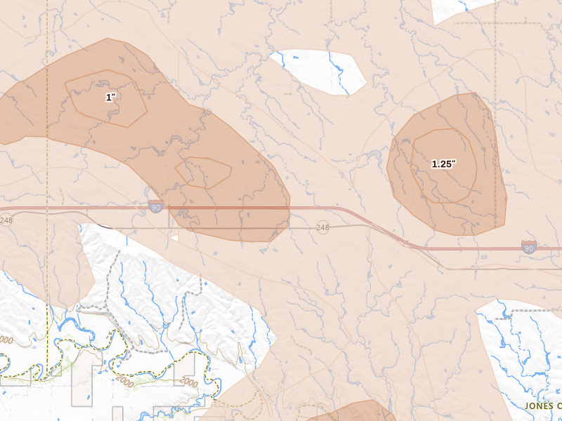 Radar-estimated hail-size map of the storm over Okaton, SD on Aug 24, 2026