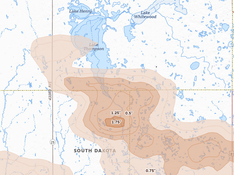 Radar-estimated hail-size map of the storm over Oldham, SD on Aug 6, 2026