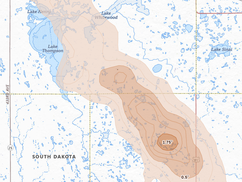 Radar-estimated hail-size map of the storm over Oldham, SD on Aug 24, 2026