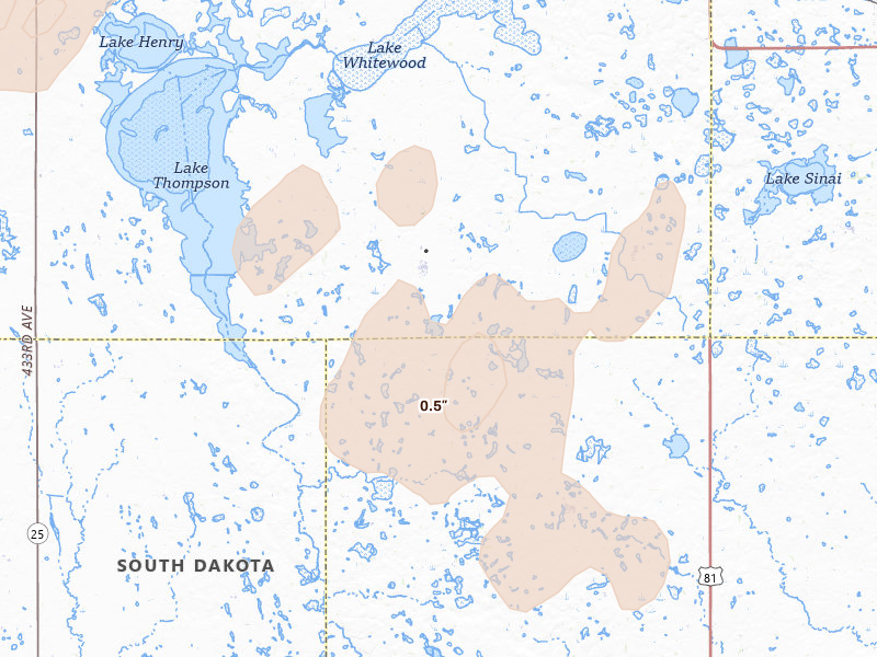 Radar-estimated hail-size map of the storm over Oldham, SD on Aug 28, 2026