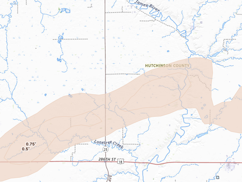 Radar-estimated hail-size map of the storm over Olivet, SD on Apr 13, 2026