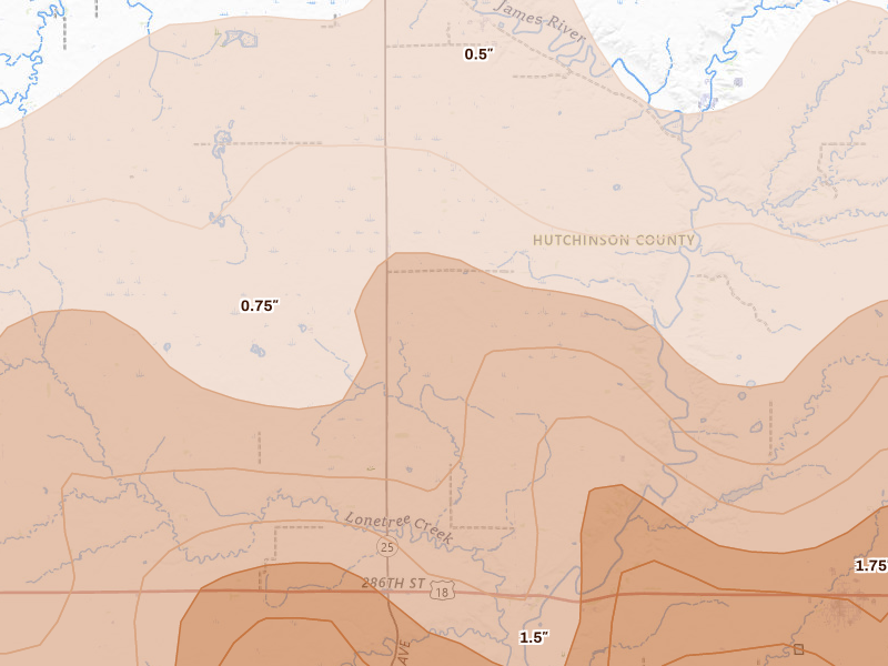 Radar-estimated hail-size map of the storm over Olivet, SD on May 17, 2026