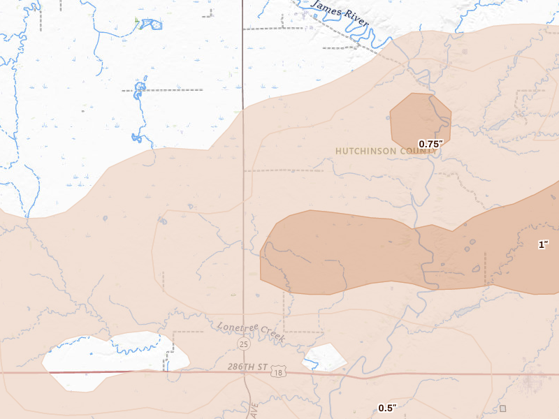 Radar-estimated hail-size map of the storm over Olivet, SD on May 24, 2026