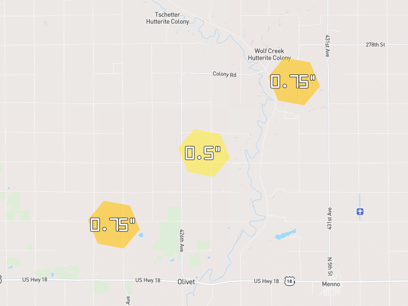 Hail map of Olivet, SD on Jul 1, 2026, hail up to 0.75"