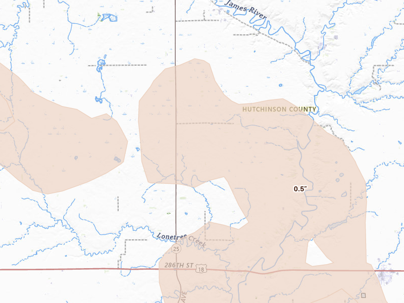 Radar-estimated hail-size map of the storm over Olivet, SD on Aug 20, 2026