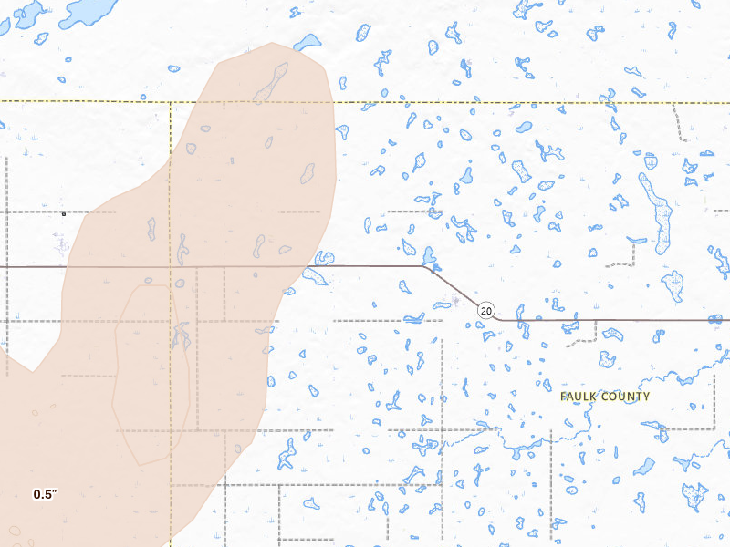 Radar-estimated hail-size map of the storm over Onaka, SD on Apr 22, 2026
