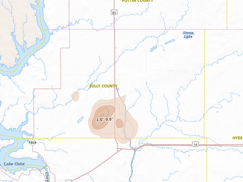 Radar-estimated hail-size map of the storm over Onida, SD on Jul 2, 2026