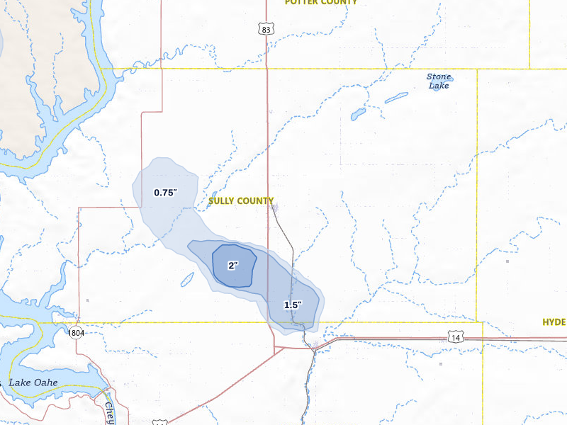 NEXRAD radar-signature map of the hail storm over Onida, SD on Jul 2, 2026
