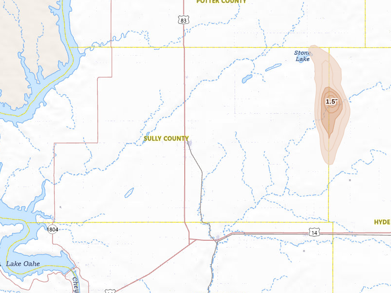 Radar-estimated hail-size map of the storm over Onida, SD on Jul 4, 2026