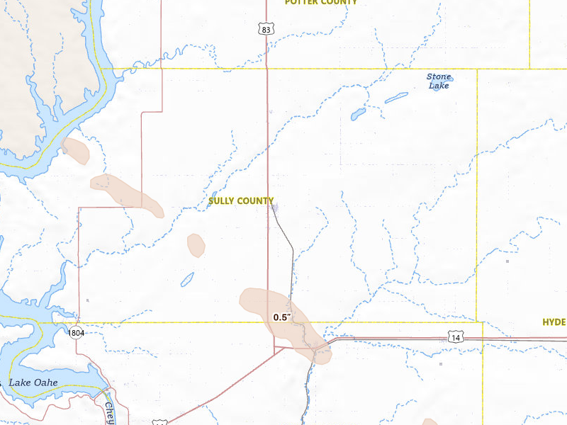 Radar-estimated hail-size map of the storm over Onida, SD on Jul 18, 2026