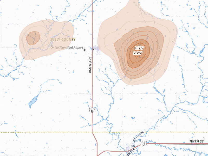 Radar-estimated hail-size map of the storm over Onida, SD