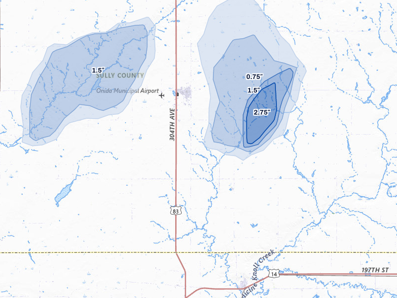 NEXRAD radar-signature map of the hail storm over Onida, SD on Sep 5, 2026