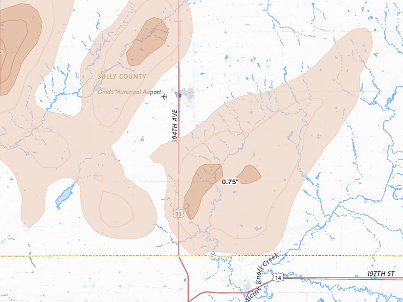 Radar-estimated hail-size map of the storm over Onida, SD